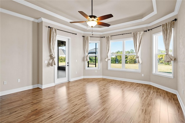 spare room with crown molding, wood-type flooring, and a tray ceiling