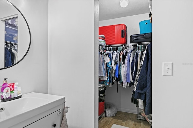 bathroom featuring wood-type flooring and vanity