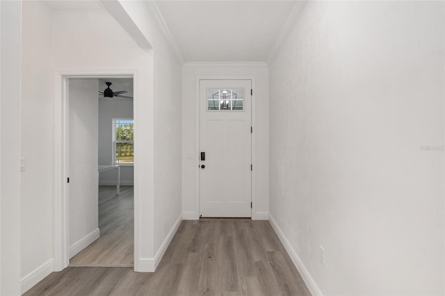 doorway to outside with crown molding and light hardwood / wood-style floors