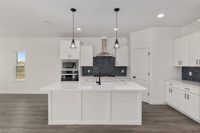 kitchen featuring white cabinetry, appliances with stainless steel finishes, wall chimney exhaust hood, and a kitchen island with sink