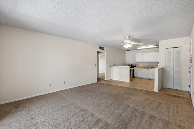 1700 SW 16th Ct Unit J-23, Gainesville, FL 32608 - unfurnished living room with a ceiling fan, light carpet, a textured ceiling, baseboards, and a sink
