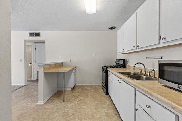1700 SW 16th Ct Unit J-23, Gainesville, FL 32608 - kitchen with black gas range oven, a sink, stainless steel microwave, light countertops, and a textured ceiling
