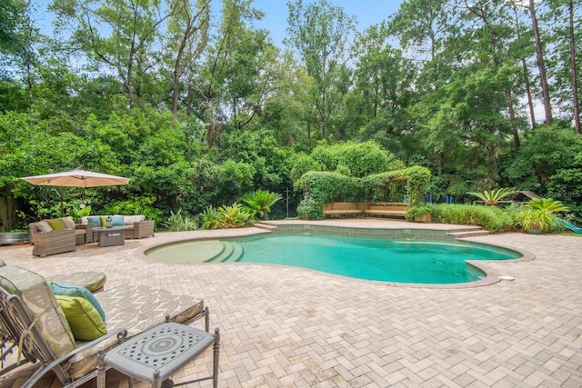 view of pool featuring an outdoor living space and a patio area