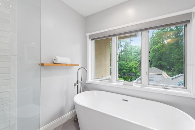 bathroom with a tub to relax in and a healthy amount of sunlight