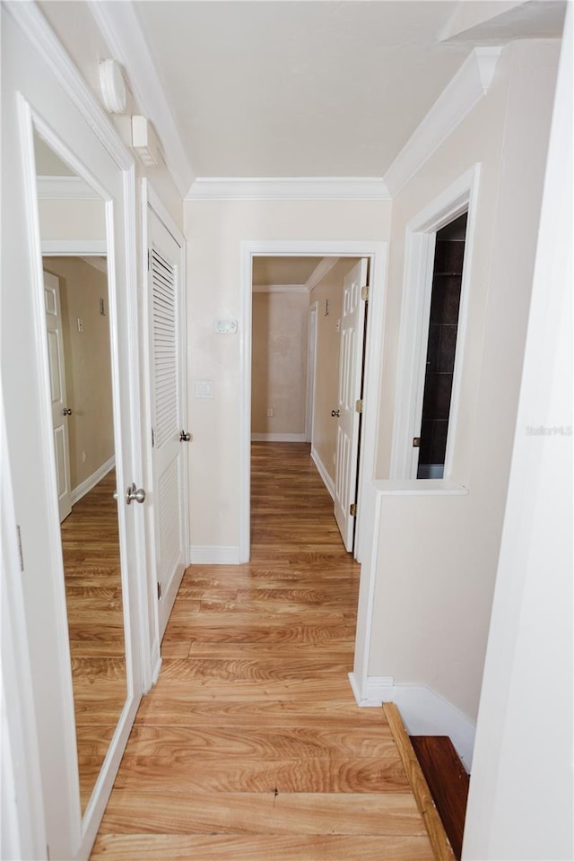 corridor featuring ornamental molding and light hardwood / wood-style flooring