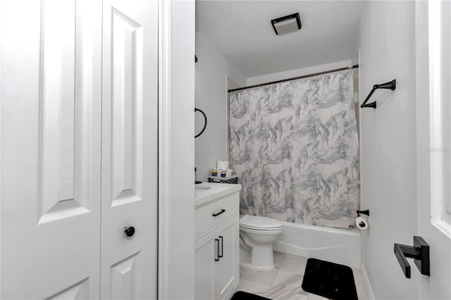 full bathroom with a closet, vanity, toilet, and shower / bath combo with shower curtain