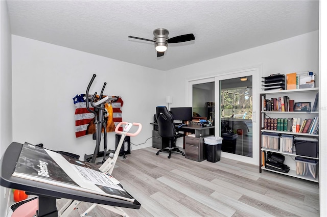 office space with a ceiling fan, a textured ceiling, and light wood finished floors