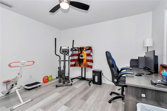 office area featuring visible vents, light wood-style flooring, and a ceiling fan