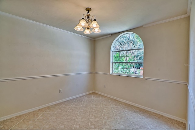 empty room with crown molding, a chandelier, and light tile patterned flooring