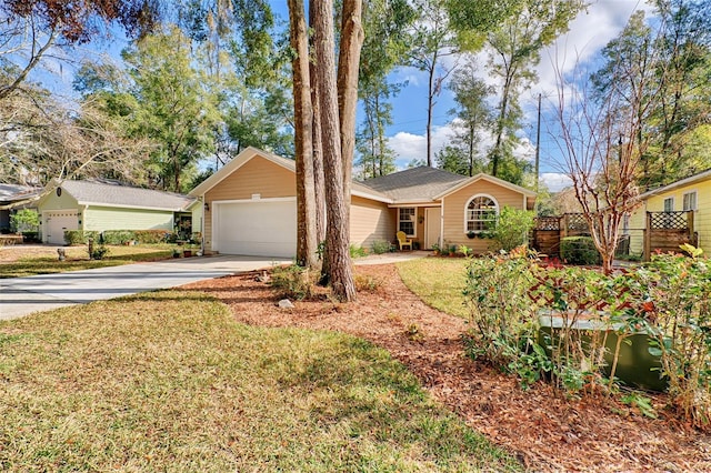 ranch-style home featuring a garage and a front yard