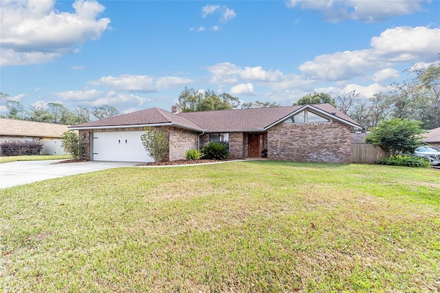 ranch-style home featuring a garage and a front lawn