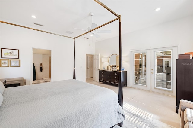 bedroom with access to outside, light colored carpet, ceiling fan, and french doors