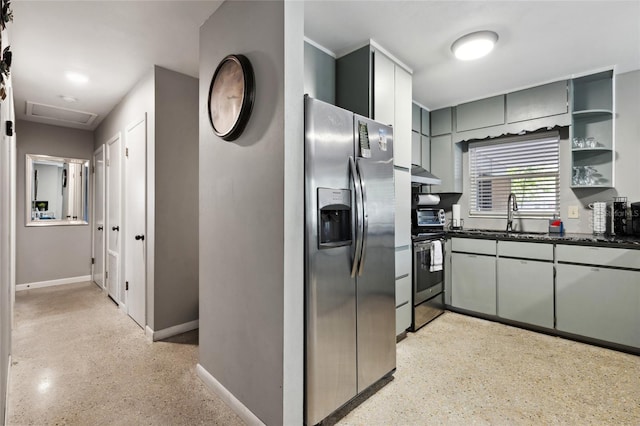 kitchen featuring stainless steel appliances, gray cabinets, and sink