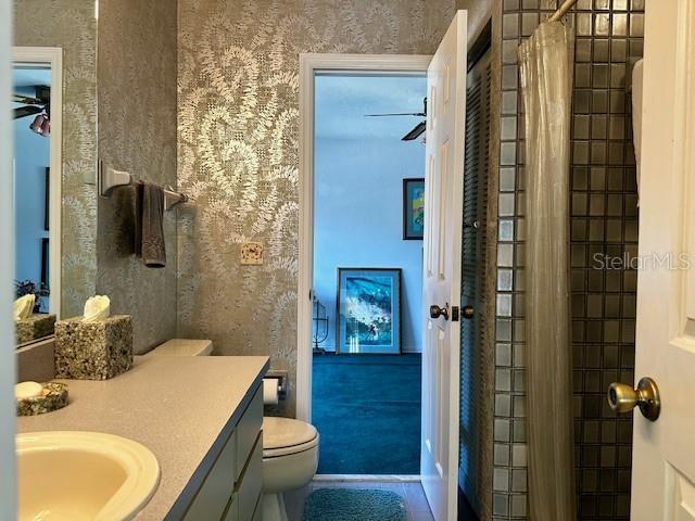 bathroom featuring a shower with curtain, vanity, and toilet