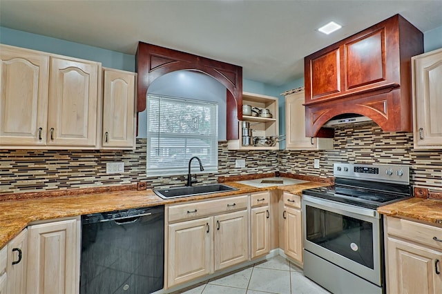 kitchen with tasteful backsplash, dishwasher, sink, light tile patterned floors, and electric range