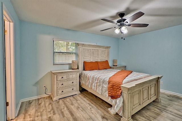 bedroom with ceiling fan and light wood-type flooring