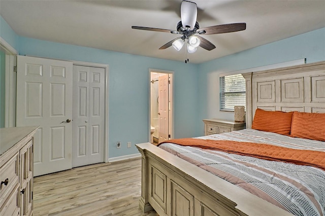 bedroom with ceiling fan, ensuite bathroom, a closet, and light hardwood / wood-style flooring