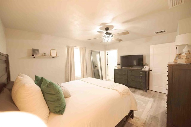 bedroom with ceiling fan and light wood-type flooring