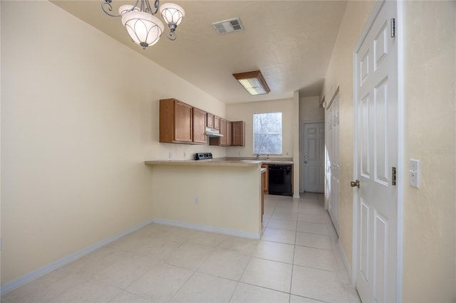 kitchen with pendant lighting, dishwasher, light tile patterned floors, a notable chandelier, and kitchen peninsula