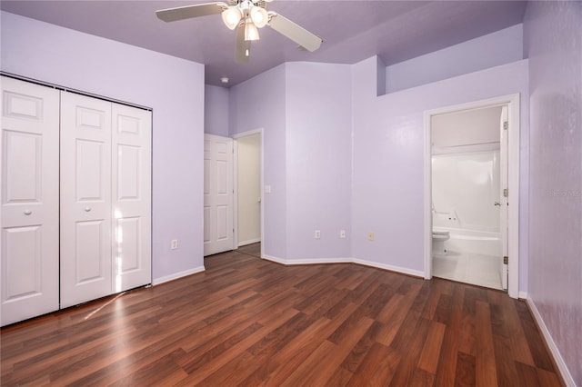 unfurnished bedroom with a closet, dark hardwood / wood-style floors, and ceiling fan