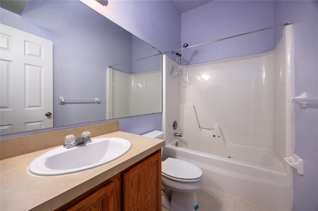 full bathroom with vanity, tile patterned flooring, bathtub / shower combination, and toilet