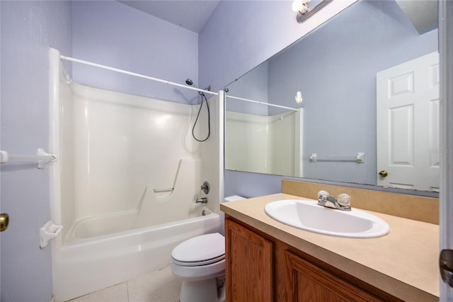 full bathroom with shower / tub combination, vanity, tile patterned floors, and toilet