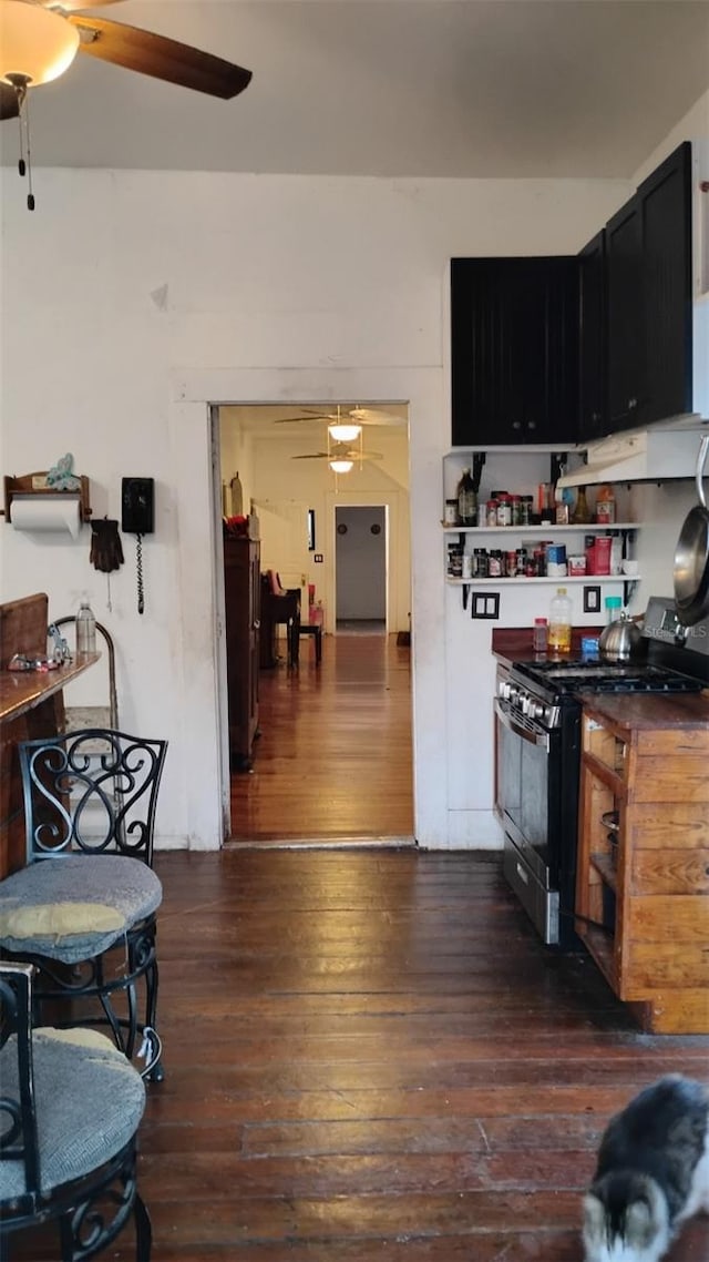 kitchen featuring dark wood-type flooring, ceiling fan, and gas stove