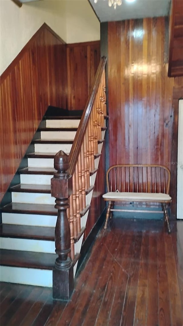 stairway with wood-type flooring and wooden walls