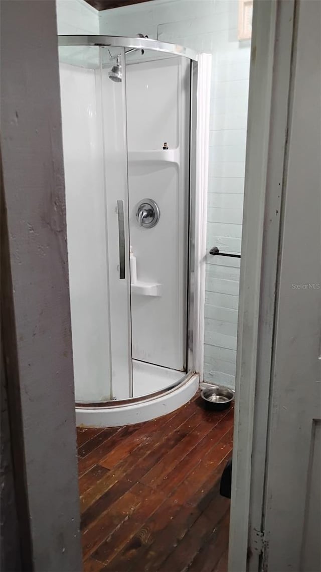 bathroom featuring wood-type flooring and walk in shower