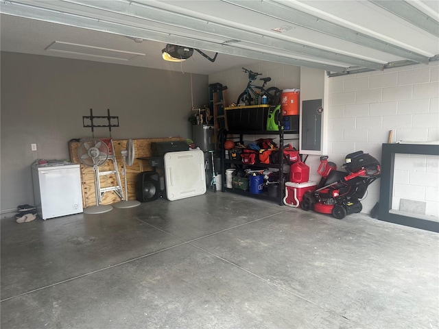 garage featuring water heater, a garage door opener, electric panel, and refrigerator