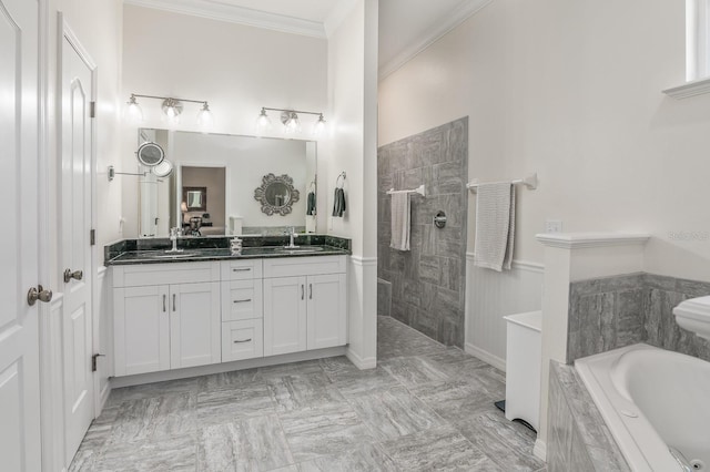 bathroom featuring vanity, crown molding, and plus walk in shower