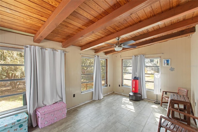 interior space featuring ceiling fan, wooden ceiling, and beamed ceiling