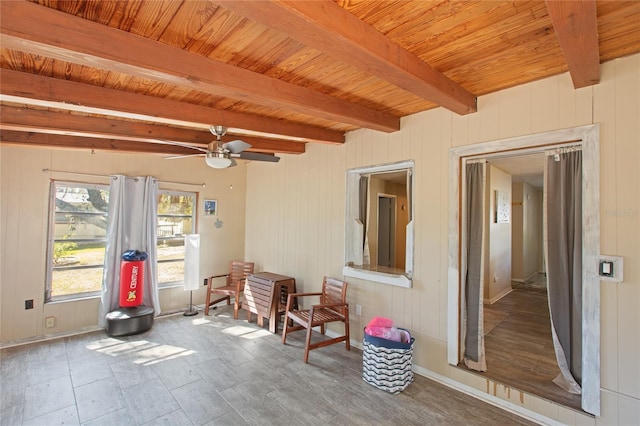 sitting room with ceiling fan, beam ceiling, and wooden ceiling