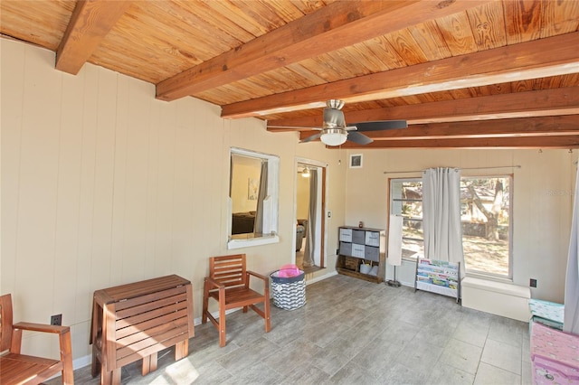 sitting room with beam ceiling, wooden ceiling, and ceiling fan