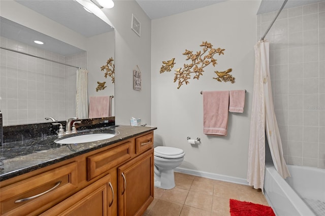 full bathroom featuring tile patterned flooring, vanity, shower / bath combination with curtain, and toilet