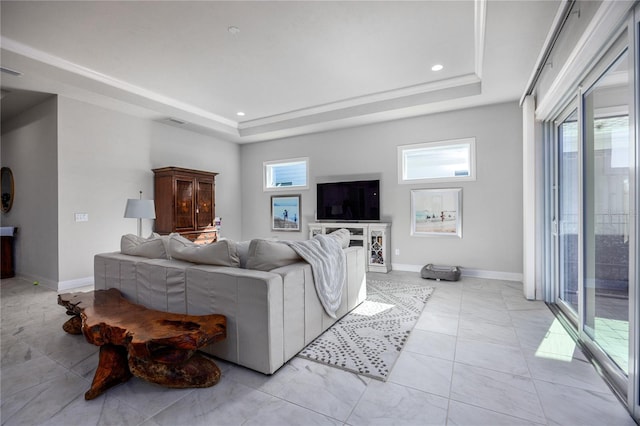 living room featuring a raised ceiling