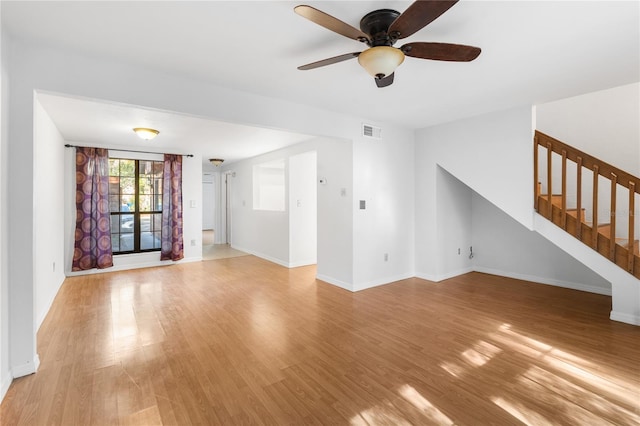 unfurnished living room with ceiling fan and light wood-type flooring