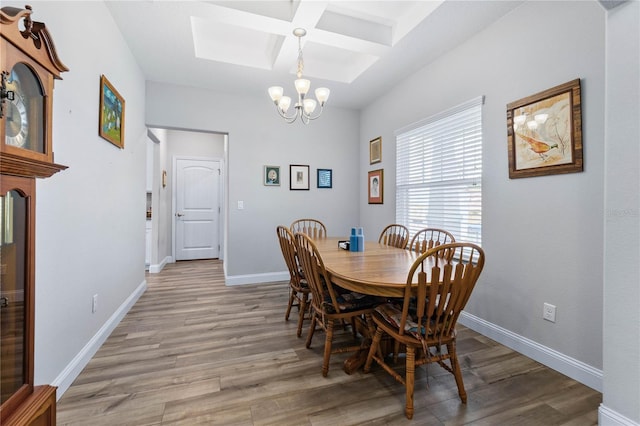 dining room with an inviting chandelier, a skylight, coffered ceiling, beam ceiling, and light hardwood / wood-style flooring