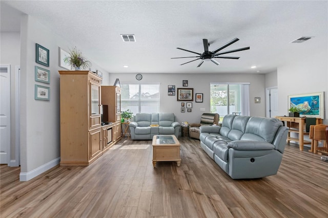 living room with hardwood / wood-style flooring, a textured ceiling, and a wealth of natural light