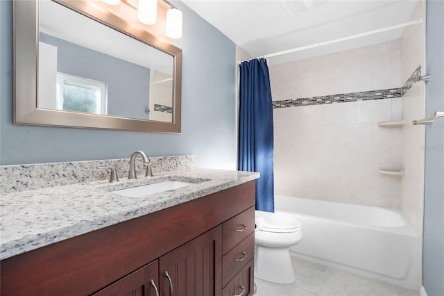 full bath featuring shower / bathtub combination with curtain, toilet, and vanity