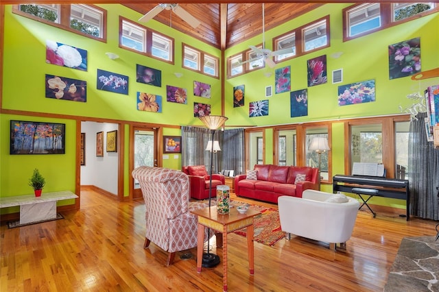 living room featuring a towering ceiling and hardwood / wood-style floors