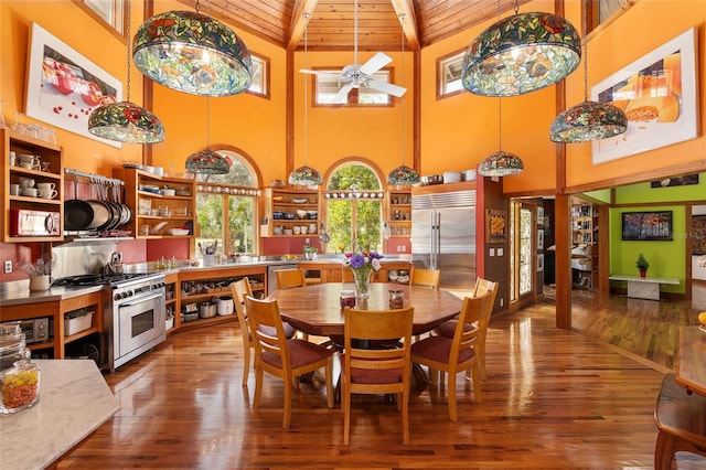 dining area with ceiling fan, lofted ceiling, hardwood / wood-style floors, and wooden ceiling