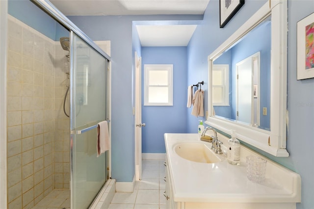 bathroom featuring tile patterned flooring, vanity, and walk in shower