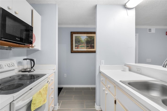 kitchen featuring sink, crown molding, white range with electric stovetop, a textured ceiling, and white cabinets