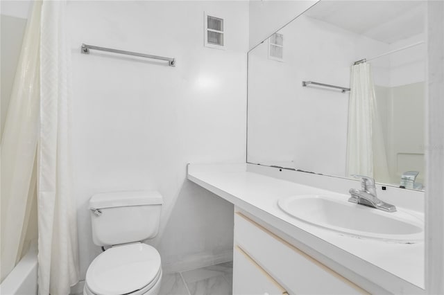 full bathroom with vanity, toilet, and shower / tub combo with curtain