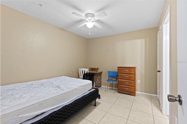 bedroom with light tile patterned floors and ceiling fan