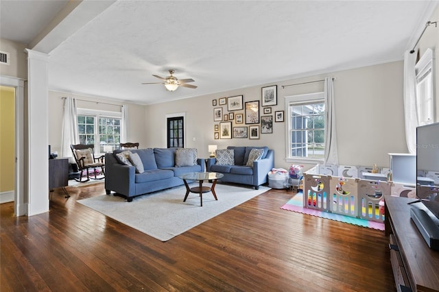 living room featuring a wealth of natural light, dark wood-type flooring, ornamental molding, and ceiling fan