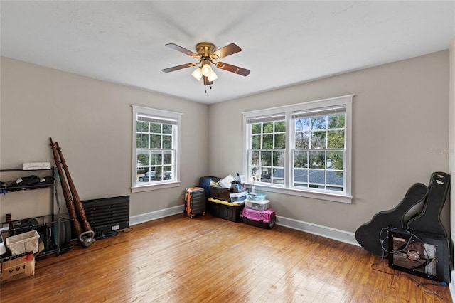 miscellaneous room featuring hardwood / wood-style floors, plenty of natural light, and ceiling fan