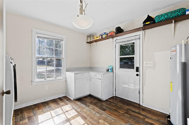 interior space with dark hardwood / wood-style floors and water heater