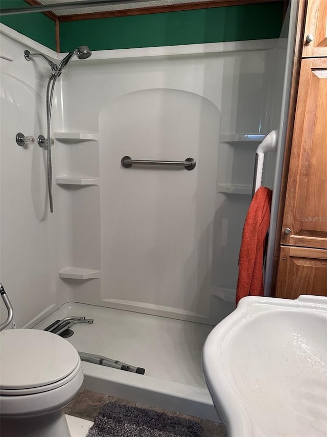 bathroom featuring sink, toilet, and walk in shower